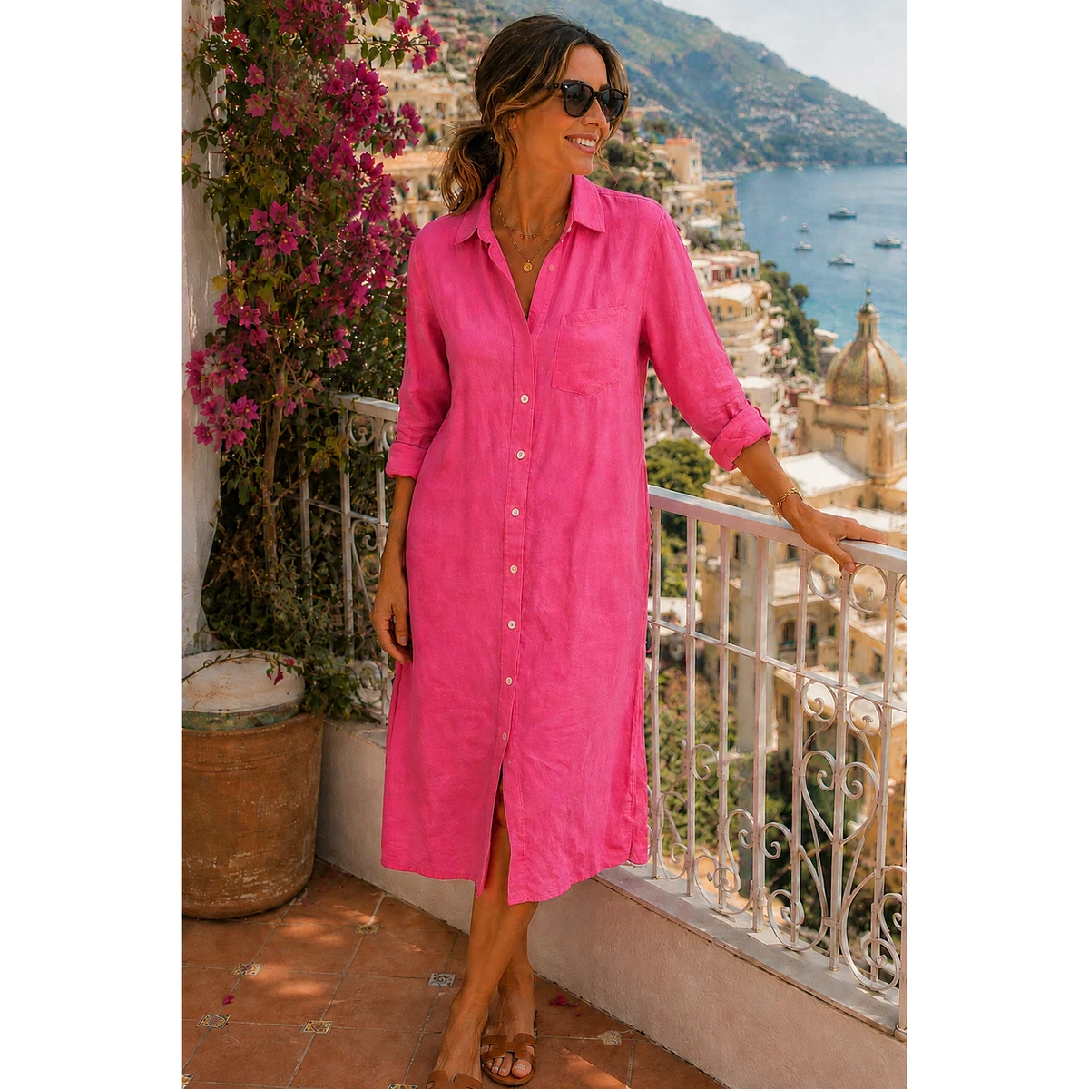 magaschoni linen shirt dress Magaschoni Linen Gauze Shirt Dress Sheer Button Front Summer Lightweight XS $168