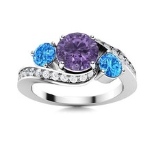 5MM Round Amethyst  Swiss Blue Topaz Three Stone Women Ring 925 Sterling Silver