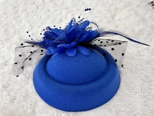 Blue w Black Polkadots Fascinator Pillbox Flower Hat Hair Clip Wedding Tea Party