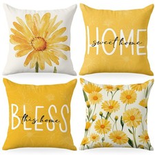 4Pcs Home Sweet Home Spring Summer Flowers Yellow Throw Pillow Covers 18x18 I...