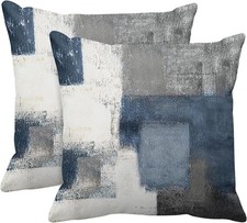 Set of 2 Blue White and Gray Throw Pillow Covers Modern Abstract Painting Dec...