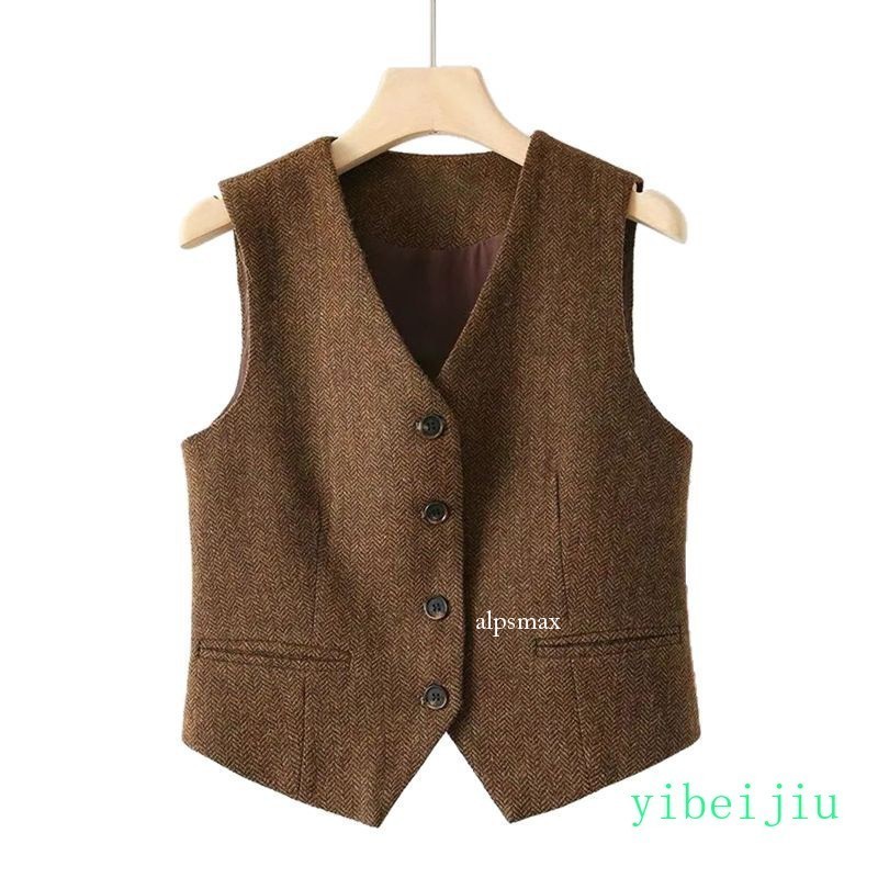 English Womens Vintage Herringbone Pattern Wool Vest V-neck Sleeveless Waistcoat