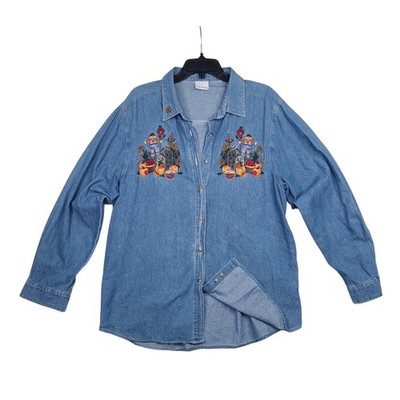 VTG Bobbie Brooks Fall Embroidered Jean Shirt Women XL Blue Scarecrow Pumpkins 