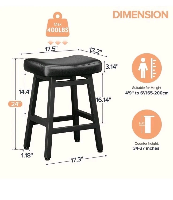 Counter Height Bar Stools Set of 2, 24 Inch Barstools for 2 Pack All Black 02 - Image 2 of 4