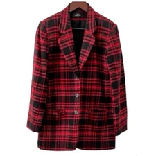 Vtg Plaid Blazer Oversized Preppy Academia Longline Red Black Wool Blend Small