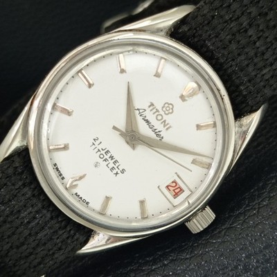 TITONI AIRMASTER TITOFLEX HANDAUFZUG VINTAGE SWISS HERREN WEISS UHR a705130-2