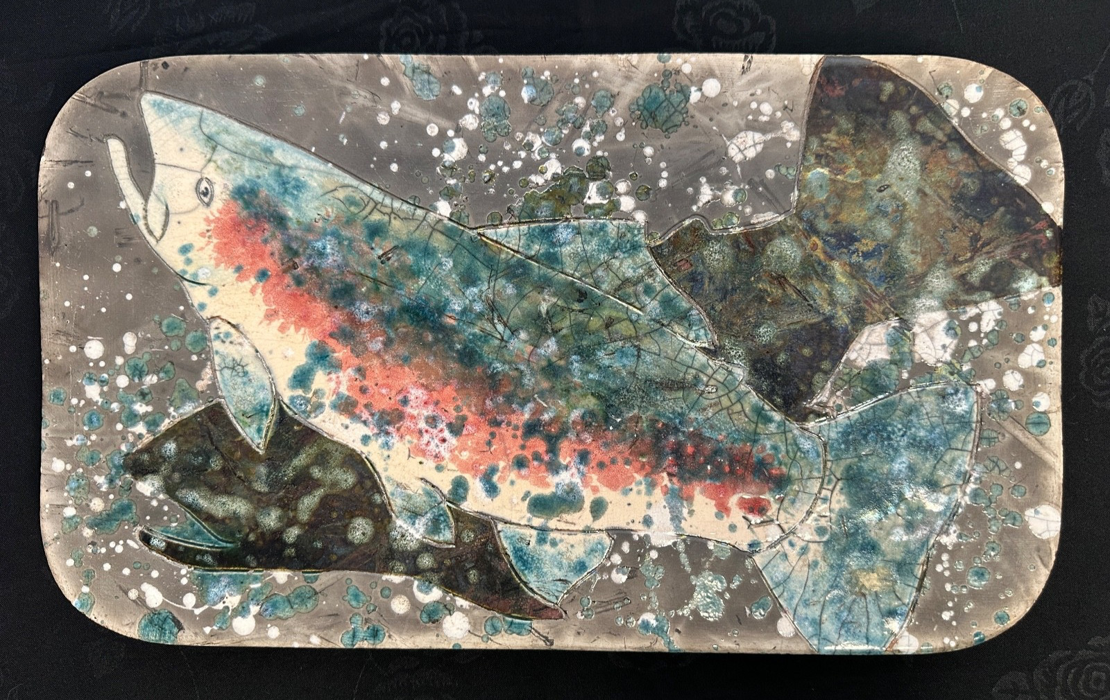 VINTAGE 1998 Signed Hudin Pottery Studio Raku 2 Rainbow Trout Fish Wall Plaque