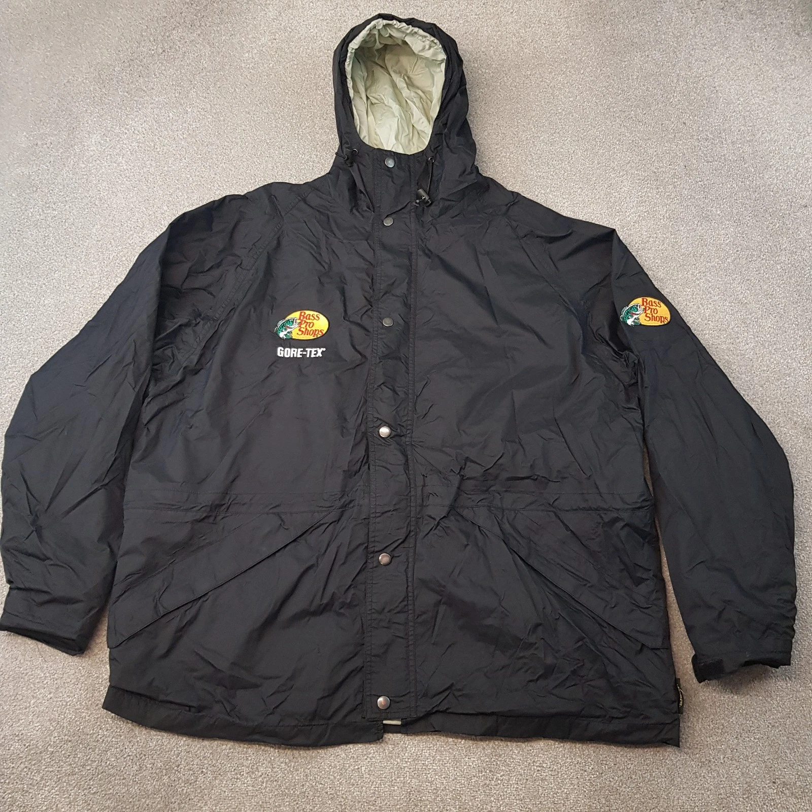 Vintage Bass Pro Shops Jacket 2XL XXL Black GTX Rain Parka Waterproof Fishing