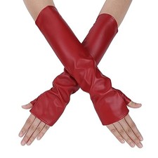 Womens Long Fingerless PU Leather Gloves Elegant Opera Mittens Gloves for Red