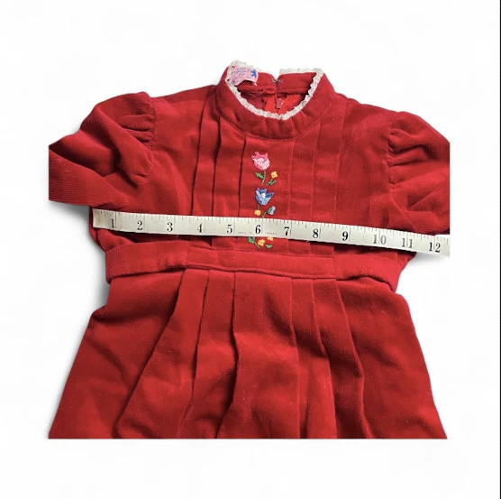 Vestido vintage rojo para niñas bordado manga encaje ribete plisado hecho a mano Foto 2 de 4