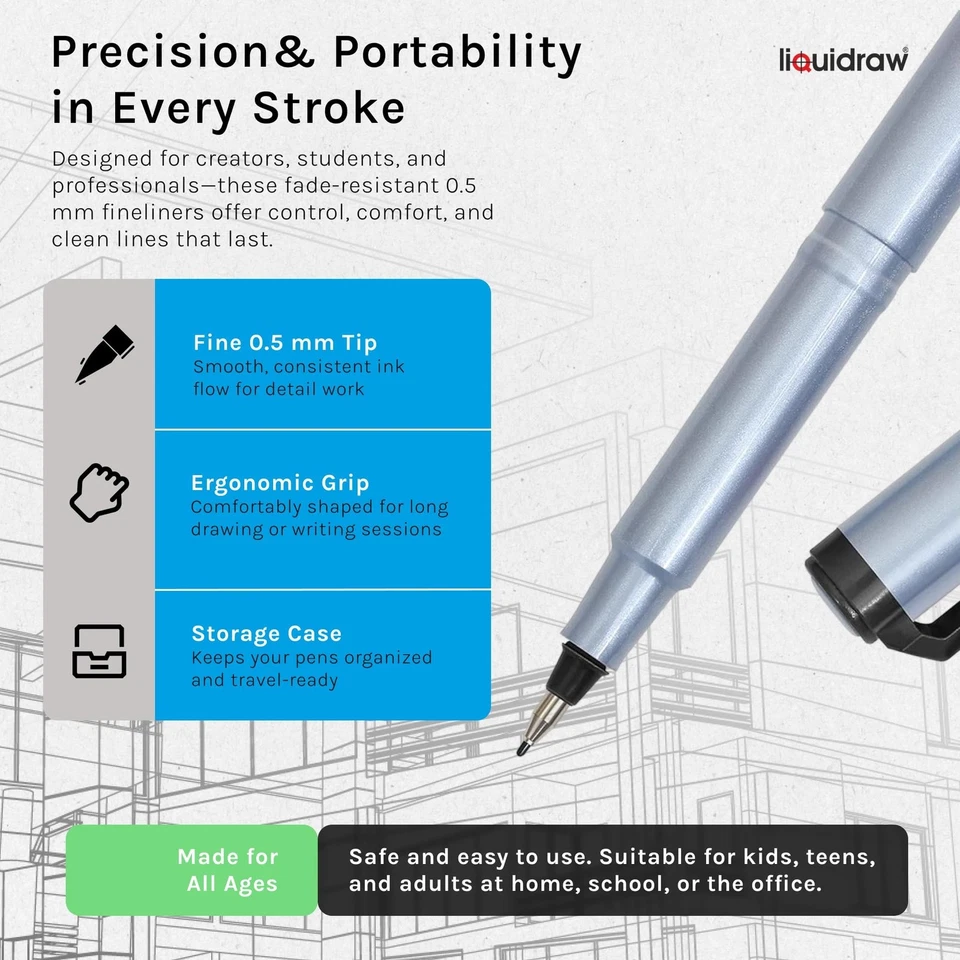 Bolígrafos delineadores negros - Juego de 10 | Punta fina de 0,5 mm | Cartera de almacenamiento | Negra... Foto 2 de 4