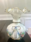 Vintage Fenton Glass Silver Crest 5.25” Melon Vase Hand Painted Roses Bows Gold
