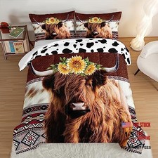 Highland Cow Decor Comforter with 2 Pillowcases,Animal Theme Twin Brown-white