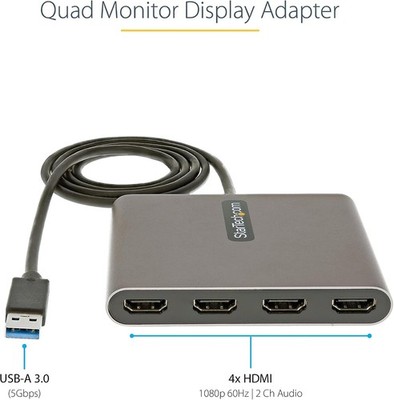 StarTech USB-A 3.0 to Quad HDMI Adapter, 1080p60, Windows, TAA (USB32HD4)