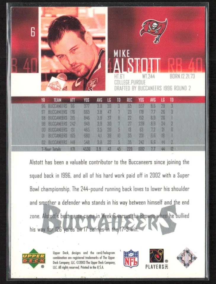 2003 Upper Deck Mike Alstott Tampa Bay Buccaneers #6 - Image 2 of 2