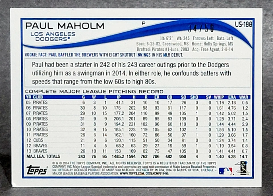 2014 Topps Update Series Pink #US-188 Paul Maholm 34/50 - Image 2 of 3