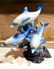 Blue Dolphins Swimming Around Coral Statue Sea Ocean Life Figurine Room Decor
