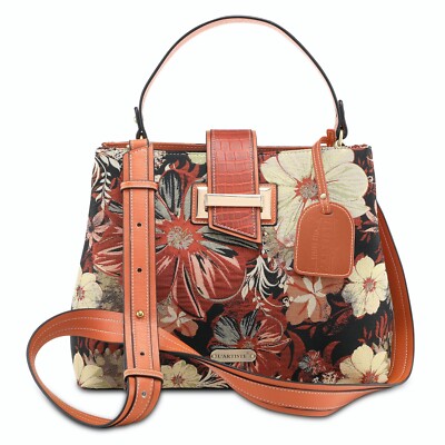 L'ARTISTE- HB-DUET-TAPESTRY-DOUBLE COMPARTMENT TOP ZIP SATCHEL DETACHABLE STRAP