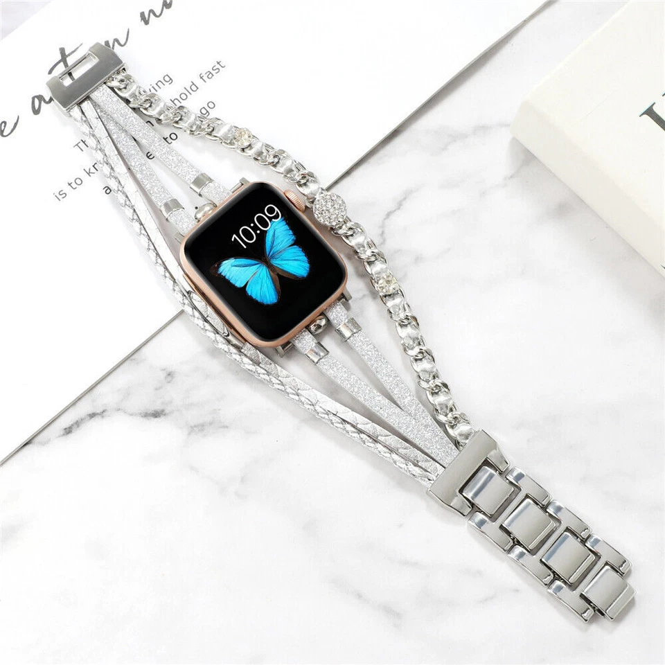 Bling Leather Metal Bangle For Apple Watch Band 42 44 45mm 40 41mm Series 8 49mm - Image 4 of 4