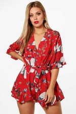 NWT Boohoo Plus Oriental Print Belted Romper Playsuit w/ Ruffles Red US Size 16