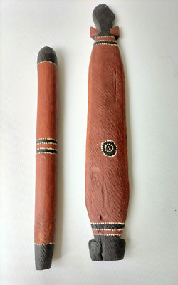 Vintage Australian Aboriginal Clap Sticks Unique Shape Dot Paint Music Sticks AF