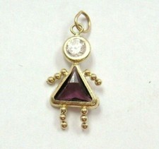 Cute Birthstone Babies FEBRUARY Charm GIRL w/ Purple Clear CZ 14K Yellow Gold