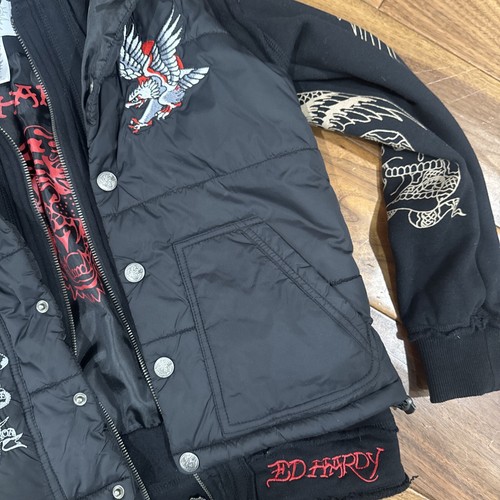 Don Ed Hardy Puffer Jacket Coat Death Before Dishonor Snake / Falcon Youth Large - Picture 4 of 8