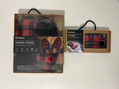BrookStone Heated Relief Warming Slippers With Sleeping Mask Red PLD