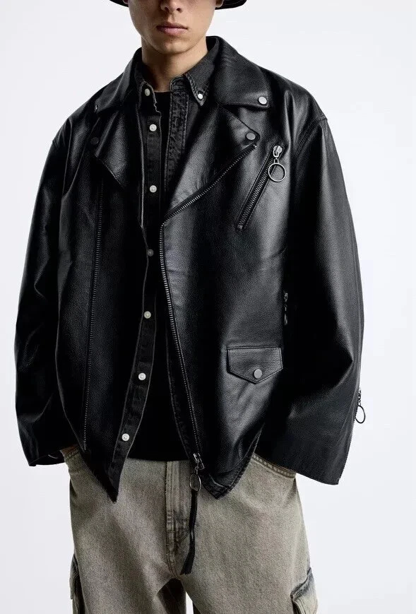 Chaqueta de motociclista Zara de gran tamaño de cuero de oveja L nueva con etiquetas $229