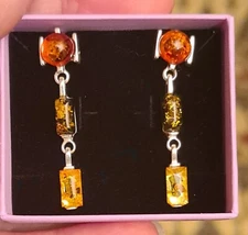 Sterling Silver and Orange Green and Yellow Baltic Amber Stud Drop Earrings