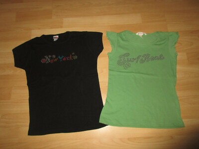 2x T-Shirt 134 140 Glitzer Schwarz Grün
