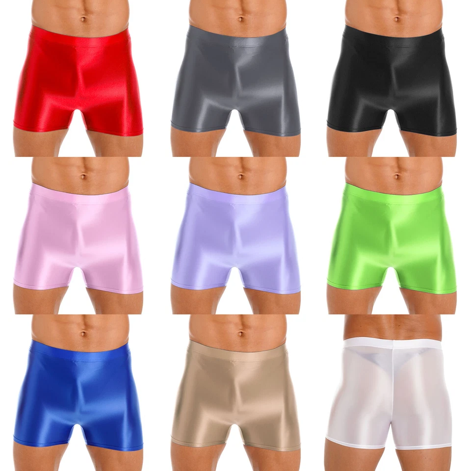 Sexy Mens High Waist Shiny Sports Tights Spandex Biker Shorts Oil Glossy UK - Image 2 of 2