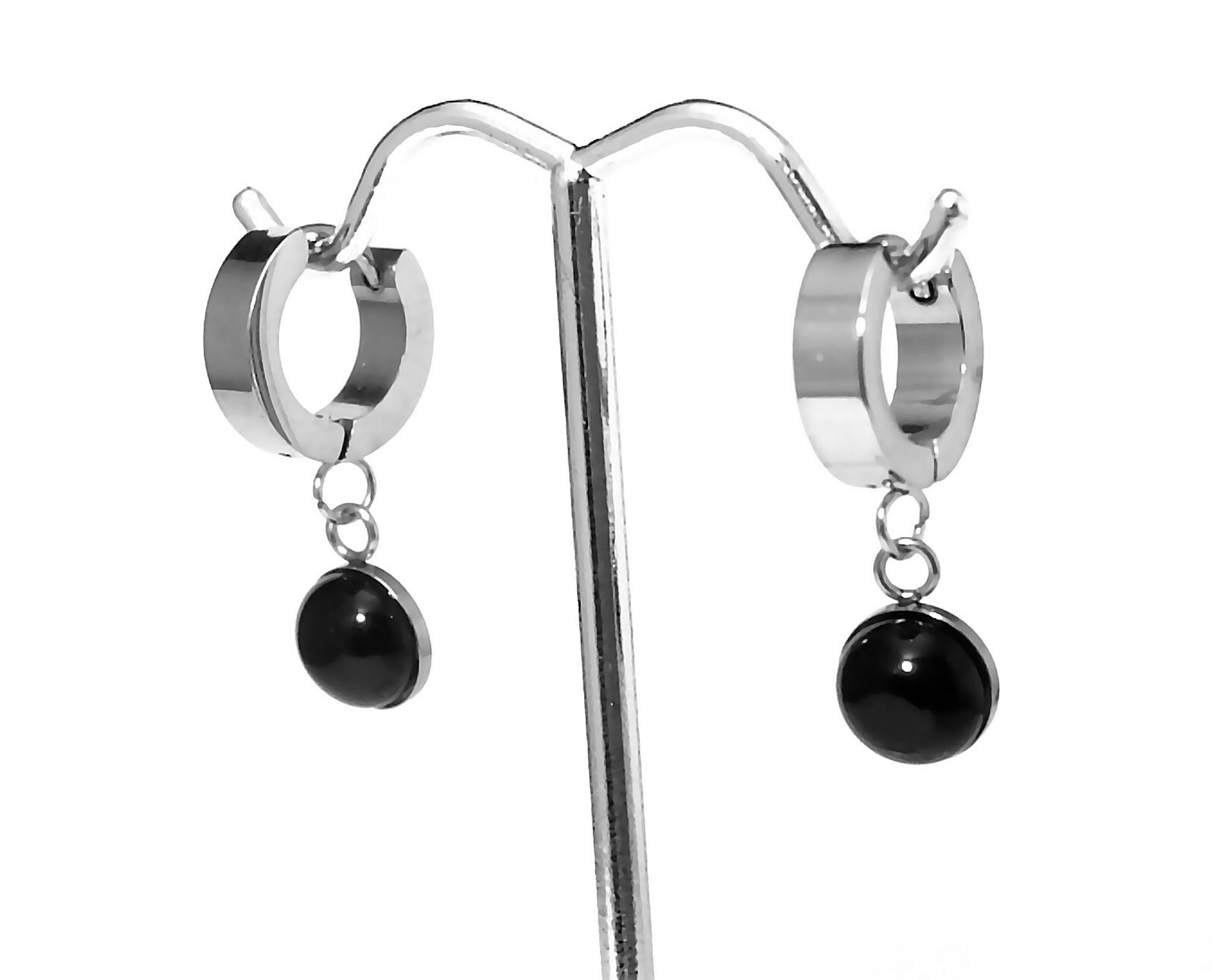 Black Agate Huggie Hoop Earrings Hypoallergenic Surgical Steel-image