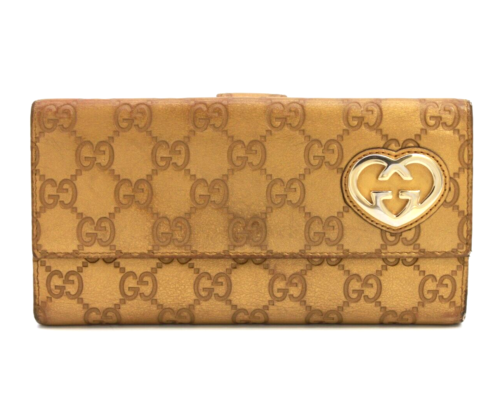 Portefeuille Gucci longue carte sac à main cœur GG cuir guccissima or authentique - Photo 1/18