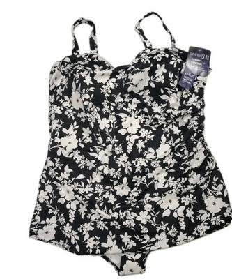 New Simply Slim Black White Floral Slimming Bathing Suit Swimsuit 3X 22W - 24W