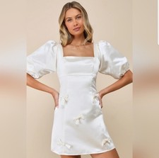 NWT Lulus Lovely Simplicity Champagne Satin Puff Sleeve Bow Mini Dress Large