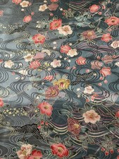 14"x61.4" Japanese  kimono silk fabric/ Rinzu, silver, dark grey, cranes E12