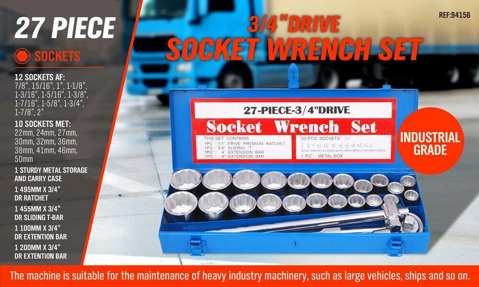 27Pcs Heavy Duty Socket Wrench Set 3/4" Drive Metric & Imperial Extension Case - image 2 of 4