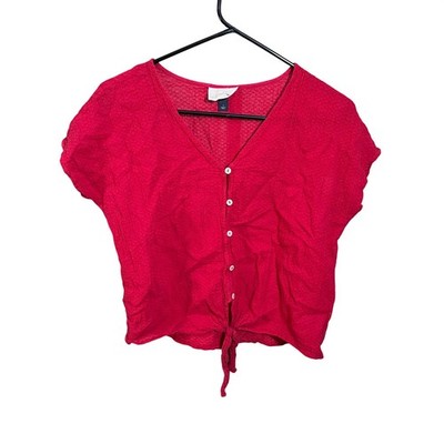 Universal Thread Button Front Top Womens Small Red Short Sleeve Tie Hem Cotton