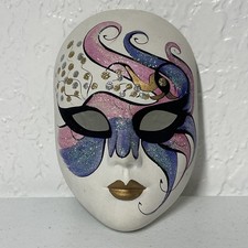 Mardi Gras Vintage Porcelain Ceramic Painted Wall Hanging Face Mask Pink