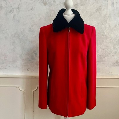 Vintage STEPHANIE rot Wolle & Kaschmir schwarz Kunstfellkragen Mantel 12