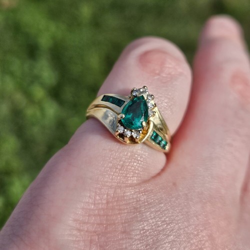 10K Yellow Gold Diamond Lab Created Emerald Bypass Cocktail Ring Size 5.5 - Picture 5 of 18