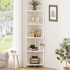 Tall Corner Shelf, 5 Tier Modern Corner Bookshelf Stand, Wood and Metal Corne...