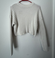 FOREVER 21 Ivory Ribbed Knit Crewneck Long Sl...