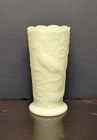 Vintage Fenton Peacock Flowers Satin Custard Vase Beautiful Uranium UV Glow 7.5"