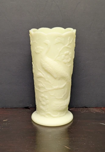 Vintage Fenton Peacock Flowers Satin Custard Vase Beautiful Uranium UV Glow 7.5"