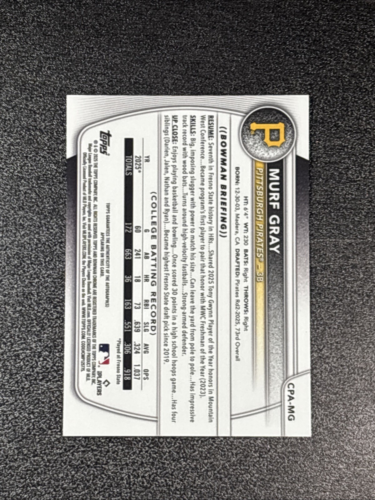 Murf Gray 2025 Bowman Chrome 1st Auto CPA-MG view 2