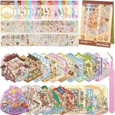 20 Sets DIY 3D House Stickers Collection Book, 3D Miniature Pet Shop Scene