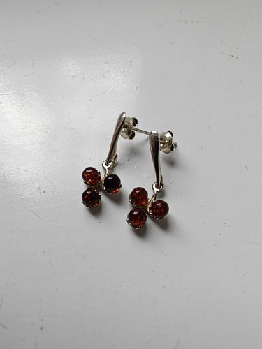 Tiple Amber Dangle Sterling Silver Earrings Butterfly Back - Picture 3 of 3