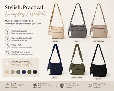 Sac bandoulière kaki léger avec poches zippées – Style Casual et Tendance - Photo 1/4